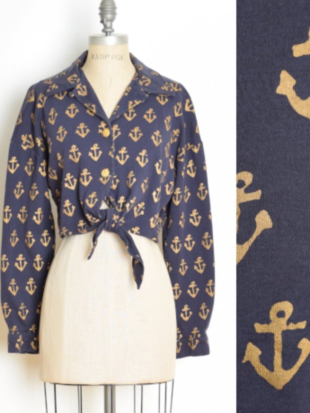 vintage 80s jacket top navy metallic gold anchor print nautical sailor L XL